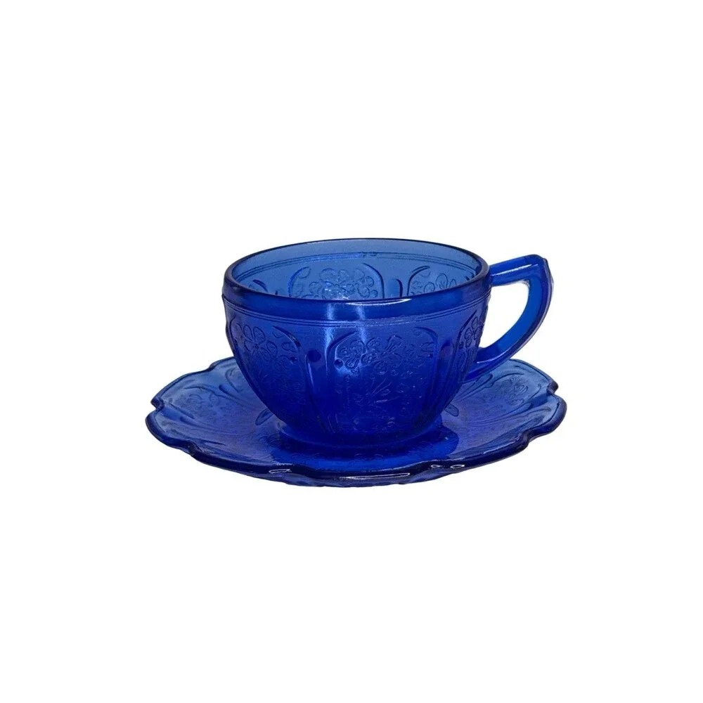 Jeannette Cherry Blossom Style Cobalt Blue Child's Cup & Saucer Reproduction